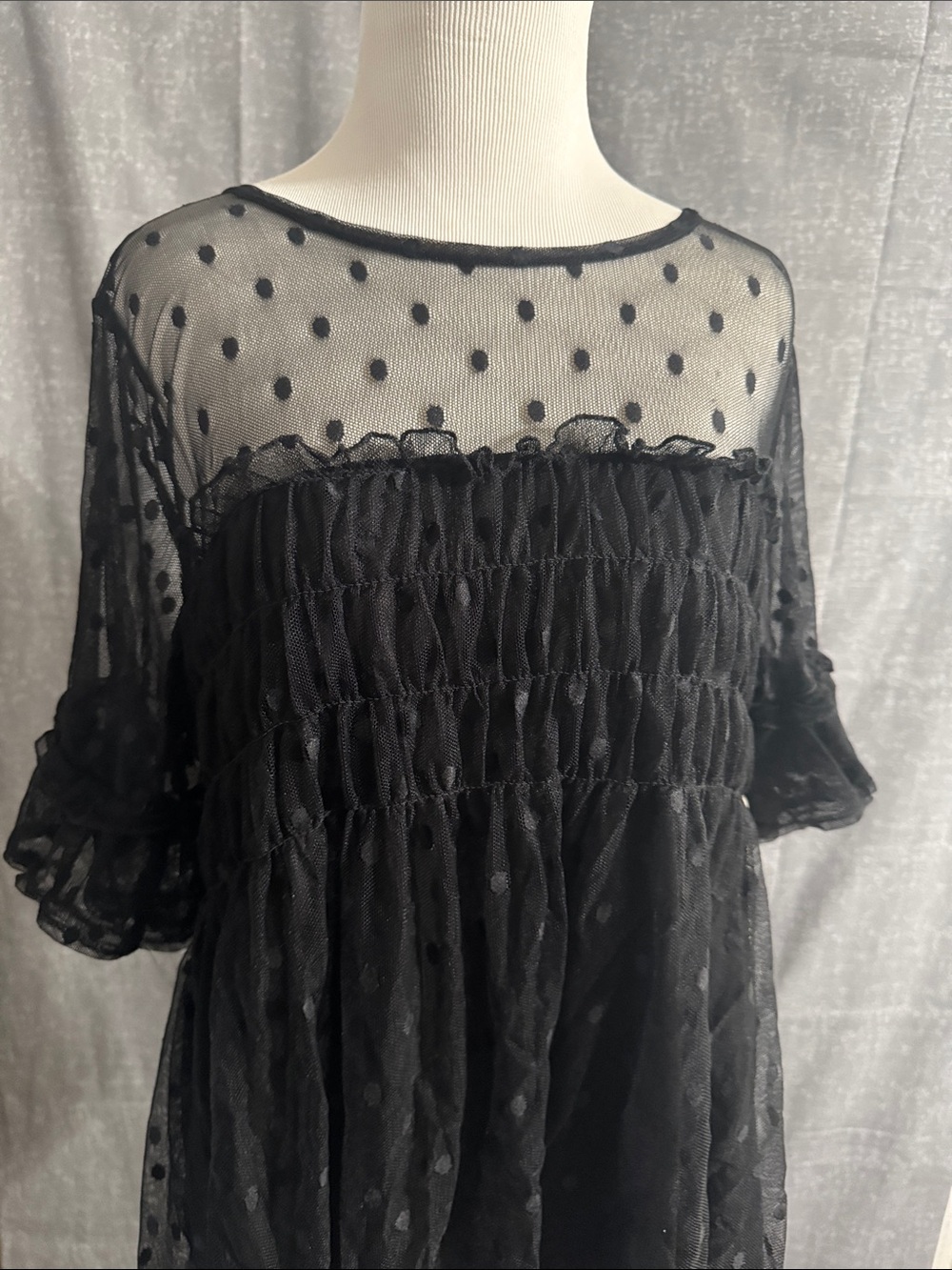 Black Polka Dot Sheer Ruffled Babydoll Top - Picture 2 of 10